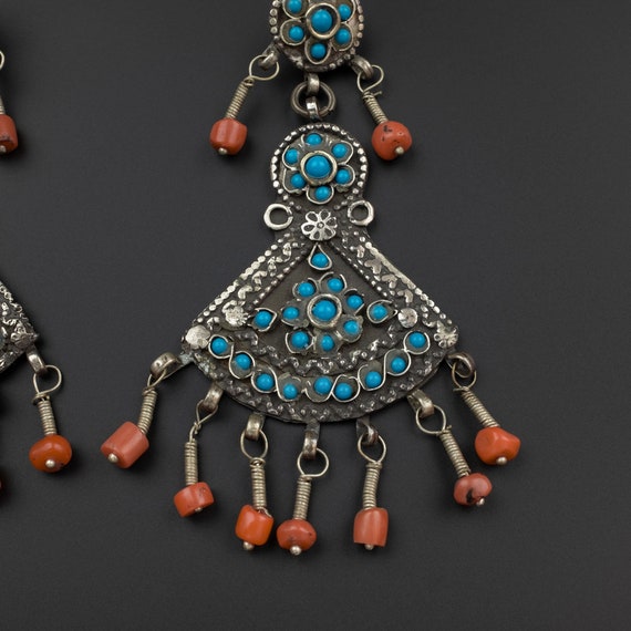 Vintage Silver, Coral & Glass Uzbek Earrings, Uzb… - image 10