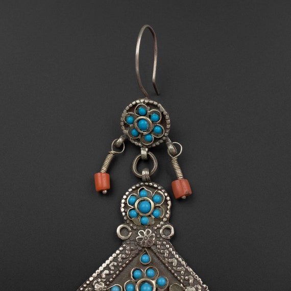 Vintage Silver, Coral & Glass Uzbek Earrings, Uzb… - image 9