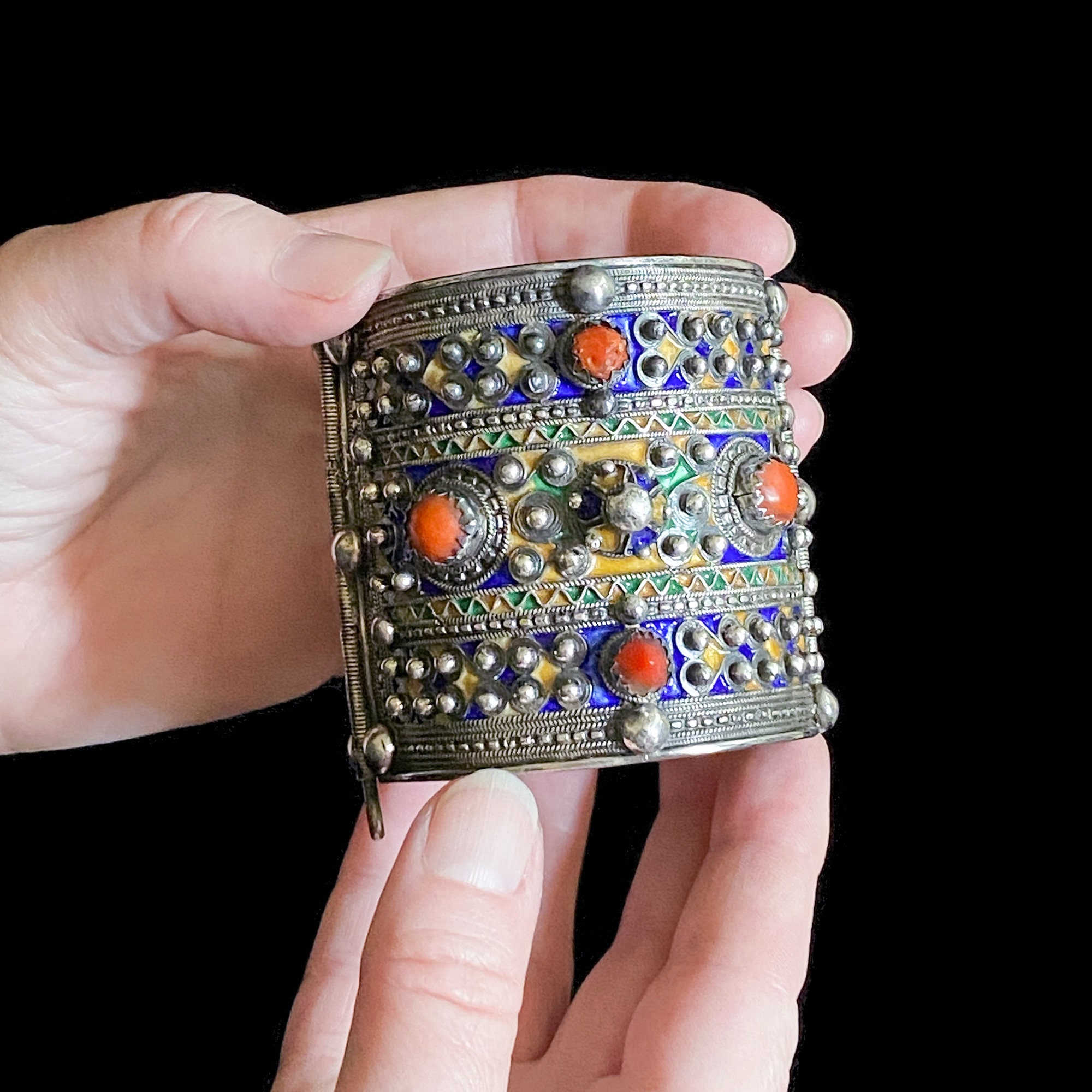 Pair of Old Silver, Coral & Enamel Kabyle Bracelets, Beni Yenni | A  stunning pair of vintage silver enamelled bracelets from Kabylie, Northern  Algeria. Each traditional bracelet has seven genuine coral cabochons