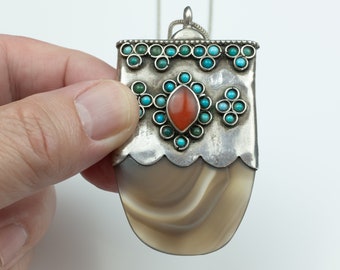 Colgante uzbeko vintage, colgante y cadena de plata y ágata, joyería uzbeka, joyería étnica vintage y adornos.