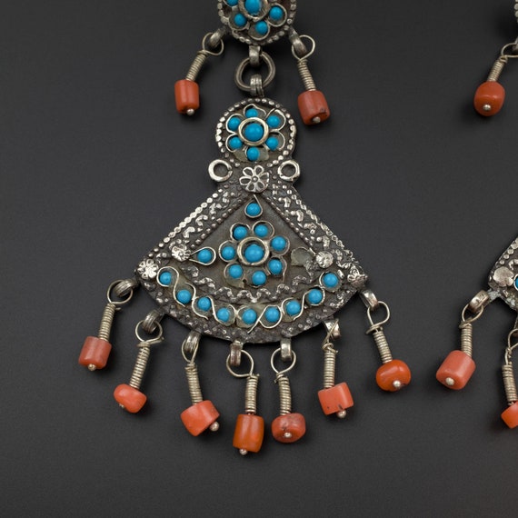 Vintage Silver, Coral & Glass Uzbek Earrings, Uzb… - image 7