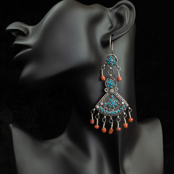 Vintage Silver, Coral & Glass Uzbek Earrings, Uzb… - image 1