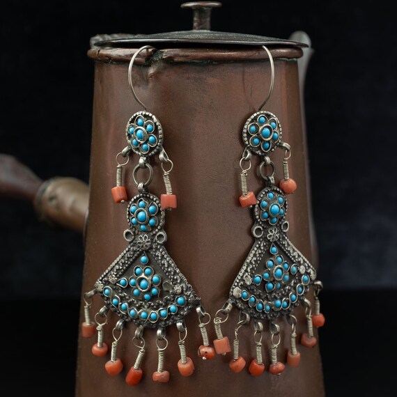 Vintage Silver, Coral & Glass Uzbek Earrings, Uzb… - image 4