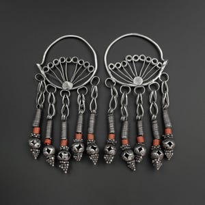 Vintage Uzbek Earrings, Silver and Coral Earrings, Large Hoop Earrings, Uzbek Jewelry, Vintage Ethnic Jewellery & Adornment