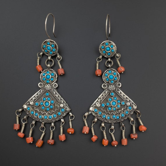 Vintage Silver, Coral & Glass Uzbek Earrings, Uzb… - image 2