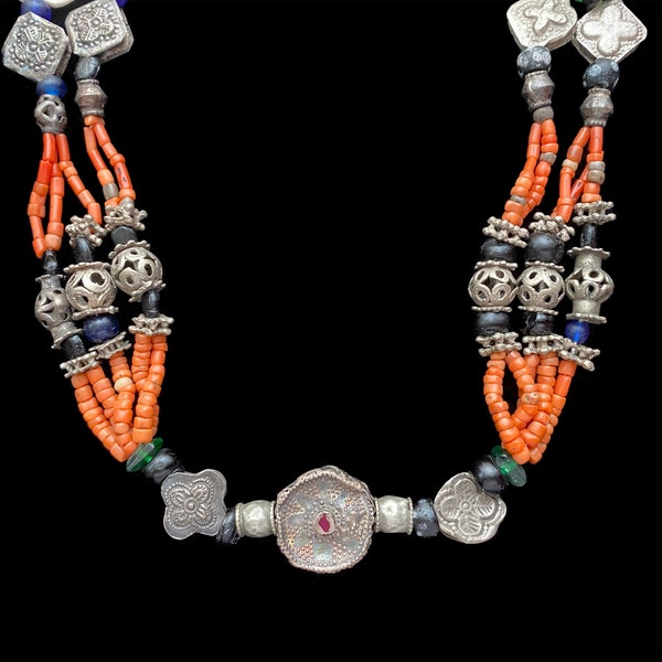 Old Tajik Necklace, Coral, Silver & Shell Wedding Necklace, Tajikistan, Central Asian Jewelry Tajik Jewelry - Rare