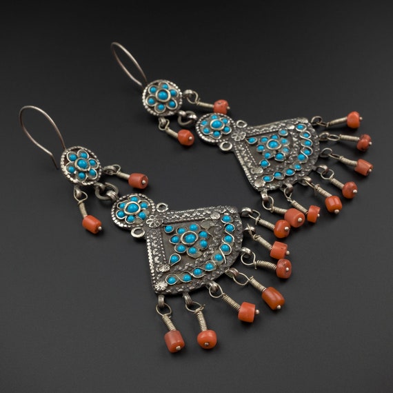 Vintage Silver, Coral & Glass Uzbek Earrings, Uzb… - image 5