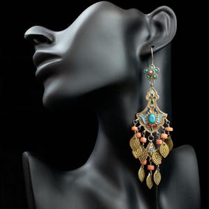 Vintage Uzbek Earrings, Gilded Silver Earrings, Coral, Turquoise and Enamel Earrings, Uzbek Jewellery, Vintage Ethnic Adornment