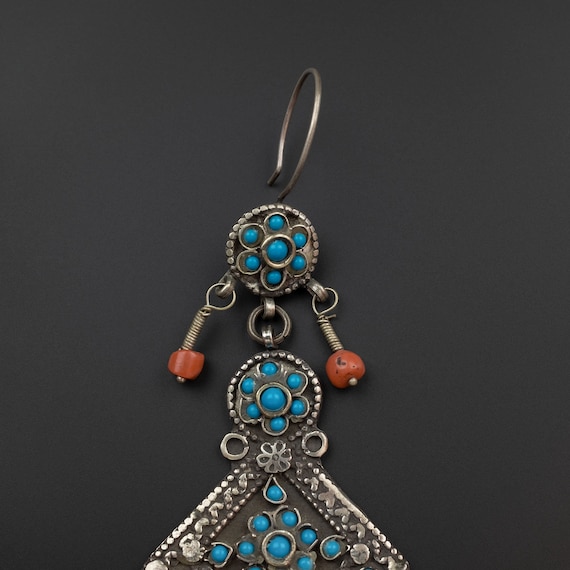 Vintage Silver, Coral & Glass Uzbek Earrings, Uzb… - image 8
