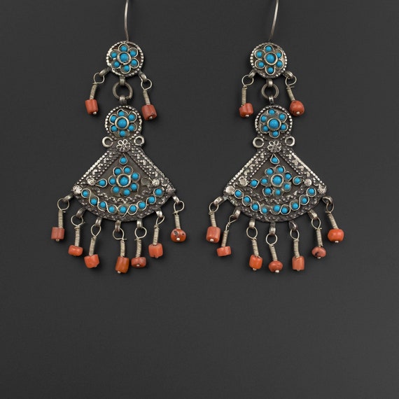 Vintage Silver, Coral & Glass Uzbek Earrings, Uzb… - image 6