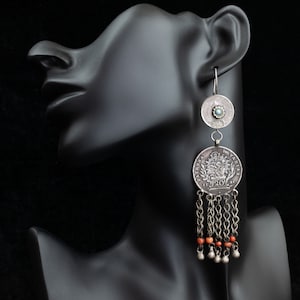 Old Uzbek Earrings, Vintage Silver and Coral Earrings, Uzbek Jewellery, Vintage Ethnic Adornment