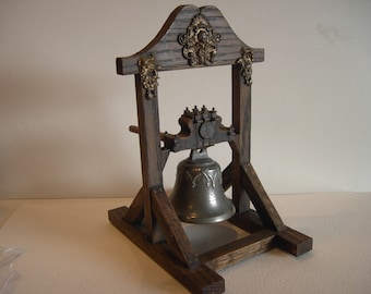 Vintage Bell in Handmade Oak Stand with Embellishments by DropBach