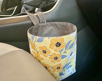 Lixeira para carro com gancho, amarela, com estampa floral de desenho animado | Saco de lixo para carro | Organização do carro | Saco de lixo para carro | Acessórios para carro