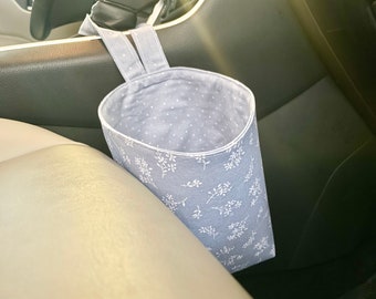 Lixeira para carro com gancho, estampa de flores azul bebê | Saco de lixo para carro | Organização do carro | Saco de lixo para carro | Acessórios para carro