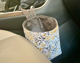 Lixeira para carro com gancho e estampa de trepadeiras amarelas | Saco de lixo para carro | Organização do carro | Saco de lixo para carro | Acessórios para carro
