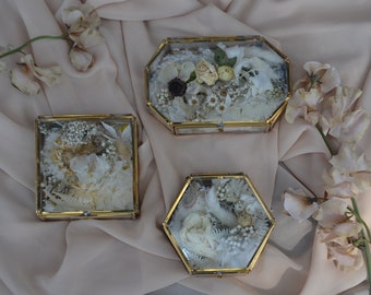 Ring box jewelry box filled dried flowers wedding rings gold glass box glass box wedding