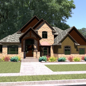 May include: A two-story house with a stone and brown exterior. The house has a gabled roof with gray shingles and brown trim. A walkway leads to the front door, and landscaping includes bushes and grass. The house is surrounded by a wooden fence and trees.