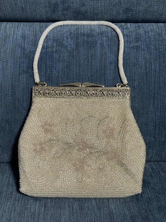 Vintage white beaded bag pink Flowers - image 1
