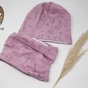 Beanie and loop double layer, beanie forest animals, loop, set beanie and loop, beanie for children