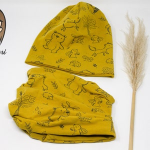 Beanie and loop double layer, beanie forest animals, loop, set beanie and loop, beanie for children
