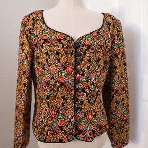 Vintage 80s Maggy London Silk Jewel Print Jacket - Size 14