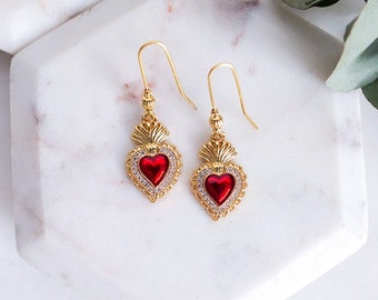 Gold Filled Sacred Heart Earrings: Red Religious Jewelry
