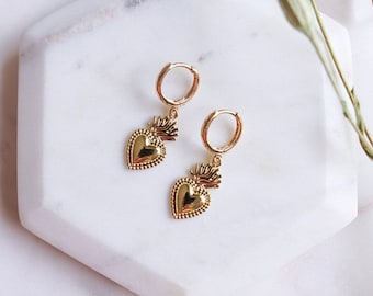Gold Filled Sacred Heart Huggie Earrings: Religious Jewelry