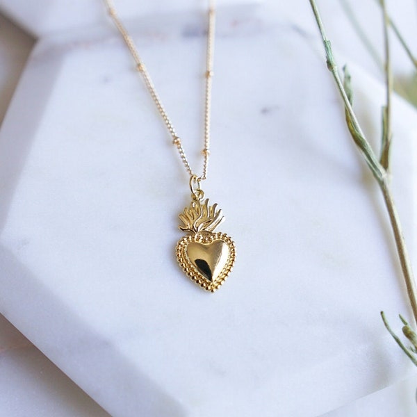 Gold Filled Sacred Heart Necklace: Religious Milagro Jewelry