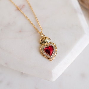 Sacred Heart Necklace, Flaming Sacred Heart, Religious Jewelry, Love of God Necklace, Sacred Heart of Jesus, Red Heart Necklace