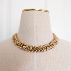 May include: A gold-toned chain necklace featuring a repeating pattern of interlocking circular links. The necklace has a textured finish on the metal surface and sits in a circular shape around the neck of a beige fabric display form.