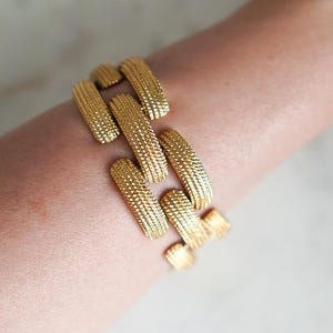 VTG 80s MONET Gold Textured Wide Link Runway Bracelet