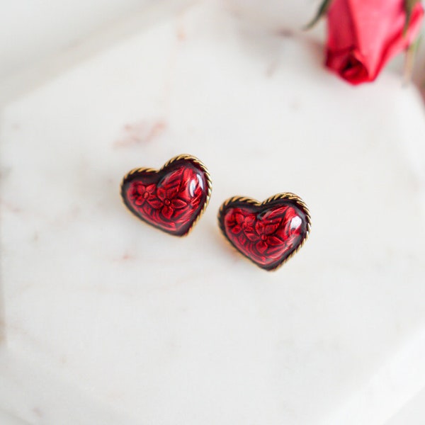 Vintage AVON Red Puff Heart Earrings, Vintage Costume Jewelry