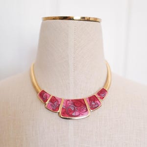 Vintage 80s Omega Chain Necklace w/ Pink Enamel Collar Design, Vintage Costume Jewelry for Women
