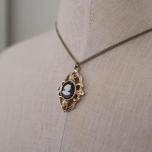 Vintage Cameo Pendant Necklace, Black & White Cameo Pendant Necklace w/ Pearl Accents, Vintage Cameo Necklace, Gift Ideas for Her