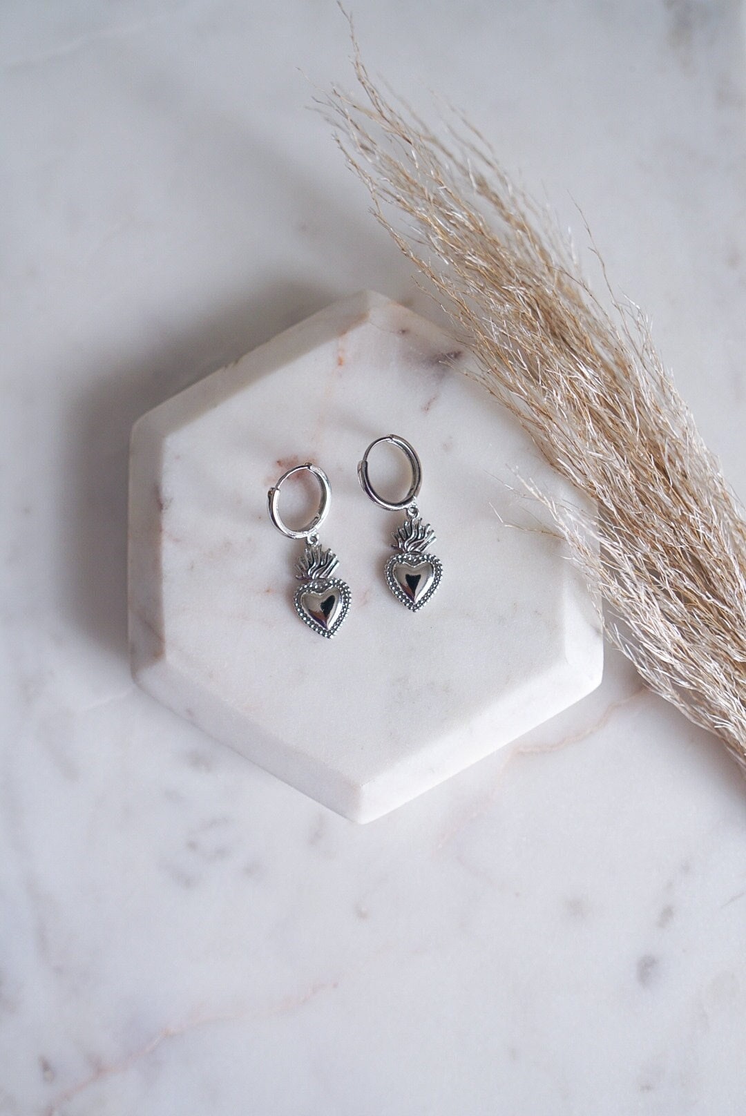 Silver Sacred Heart Huggie Earrings: Religious Gift