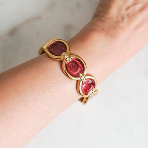 Vintage 90s Burgundy Enamel Rhinestone Hinge Bracelet,  Art Deco Revival Jewelry