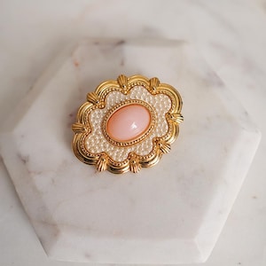 Vintage Pink Cabochon and Pearl Brooch with Gold Scalloped Trim, Vintage Avon Pink Victorian Brooch, Vintage Costume Jewelry,