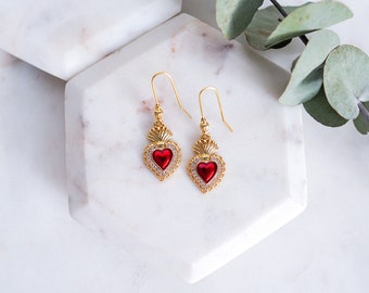 Sacred Heart Earrings, Red Flaming Heart Earrings, Religious Jewelry, Mexican Jewelry, Sacred Heart of Jesus, Gold Heart Earrings
