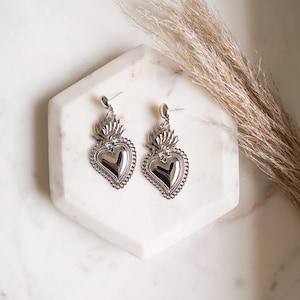 Silver Sacred Heart Earrings, Flaming Heart Earrings, Religious Jewelry, Sacred Heart of Jesus, Mexican Jewelry, Ex Voto Earrings