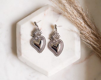 Silver Sacred Heart Earrings, Flaming Heart Earrings, Religious Jewelry, Sacred Heart of Jesus, Mexican Jewelry, Ex Voto Earrings