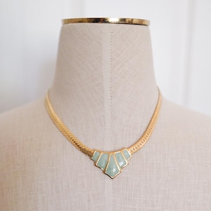NAPIER Gold Herringbone Chain Necklace with Teal Enamel Pendant, Vintage Costume Jewelry for Women