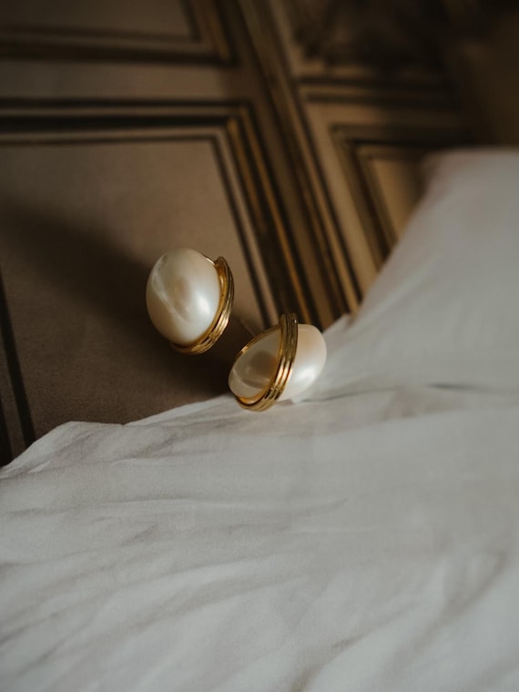Vintage Marvella Pearl & Gold Oval Stud Earrings, Pearl Earrings for Women