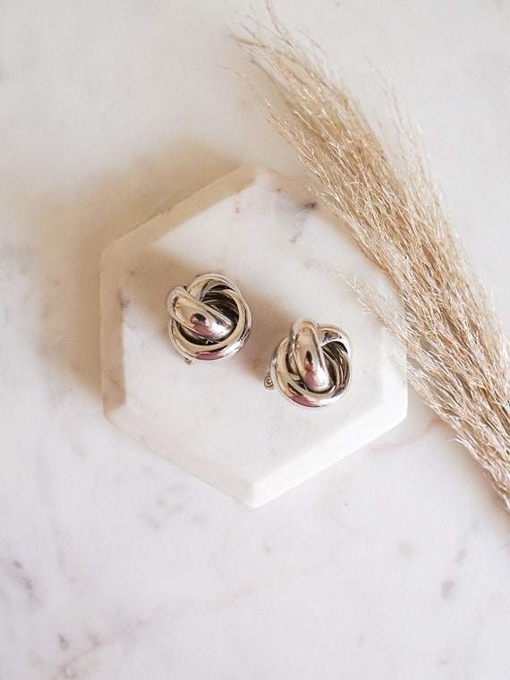 Vintage MONET Silver Knot Clip-On Earrings, Chunk… - image 2