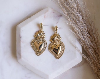 Gold Sacred Heart Earrings, Flaming Heart Earrings, Heart Earrings, Religious Jewelry, Sacred Heart of Jesus, Mexican Jewelry