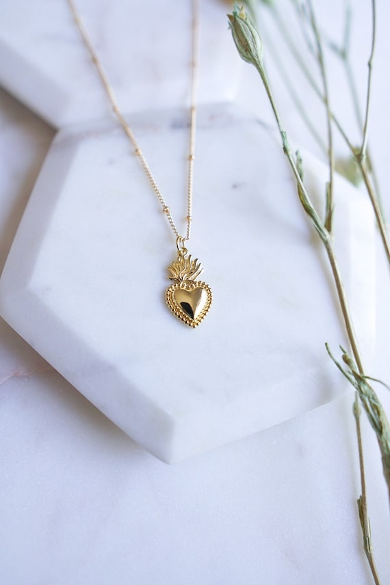 Gold Filled Sacred Heart Necklace: Religious Milagro Jewelry