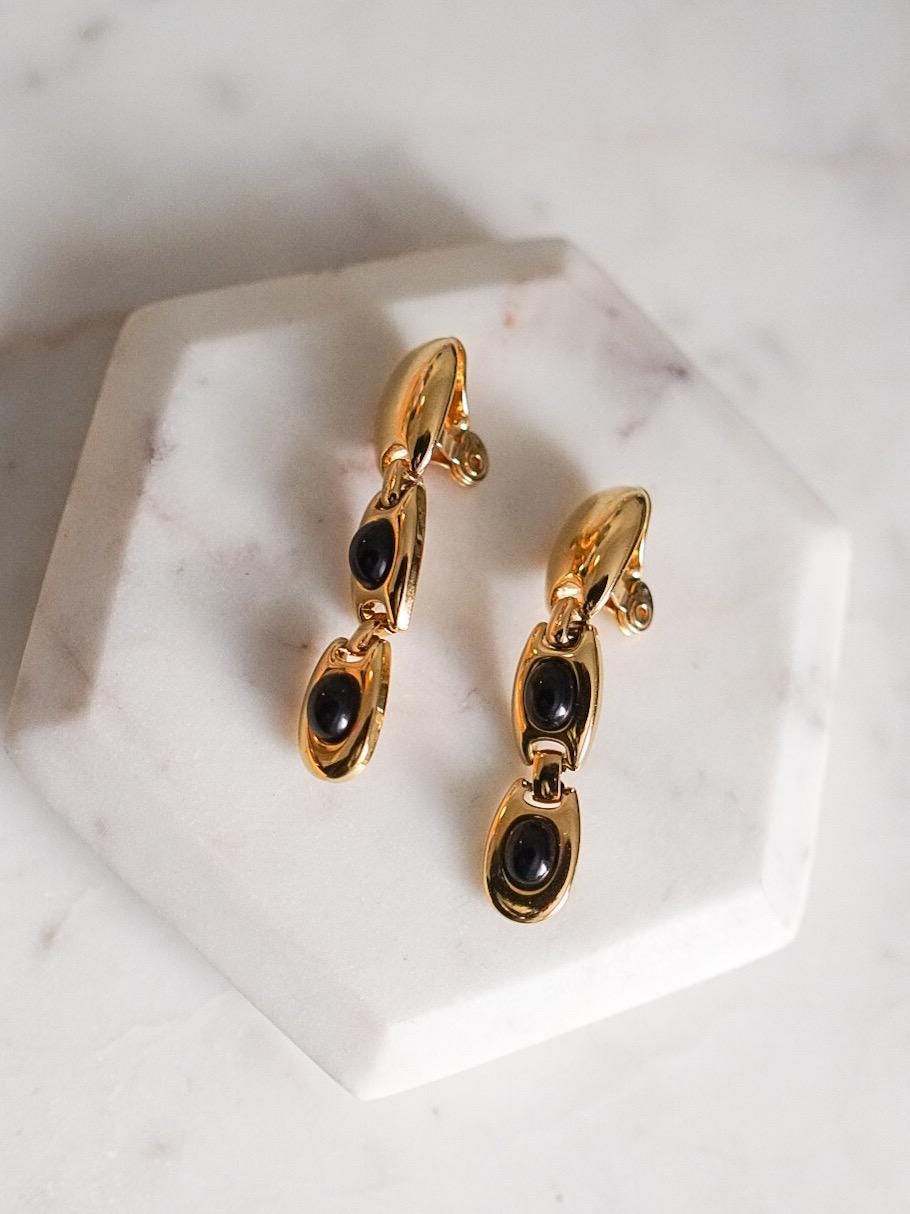 Vintage MONET Black & Gold Dangle Clip-On Earrings, 1980s Costume Jewelry