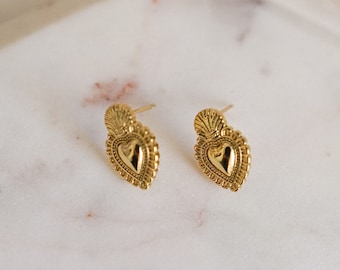 18k Gold Filled Sacred Heart Stud Earrings: Religious Milagro Jewelry