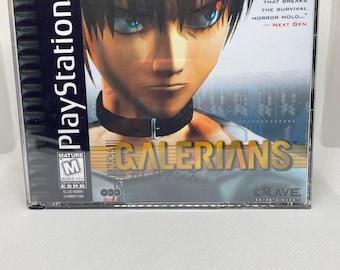 May include: A PlayStation video game case with a black background and a white PlayStation logo. The game is called "GALERIANS" and features a young man with dark hair and blue eyes. The game is rated M for Mature by the ESRB. The text on the case reads "...THE GAME THAT BREAKS THE SURVIVAL HORROR MOLD... - NEXT GEN"