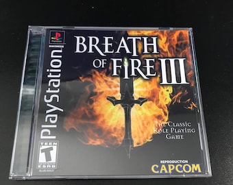 May include: A PlayStation game case for Breath of Fire III, a classic role-playing game. The case is black with a red PlayStation logo and a fiery background image. The title "Breath of Fire III" is in white text with a sword in the center.