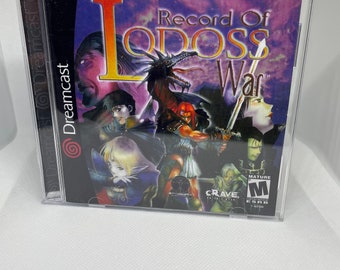 May include: A Sega Dreamcast game case with a purple, black, and red background. The game is called "Record of Lodoss War" and features a dragon, a sword, and several characters. The game is rated "Mature" by the ESRB.